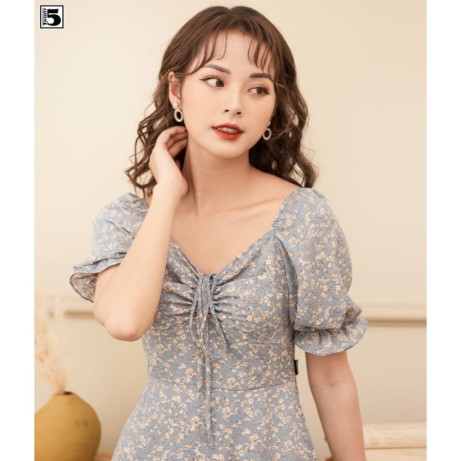 Đầm hoa nhí midi nhún ngực tay bồng bo chun 2 lớp Twentyfive N233