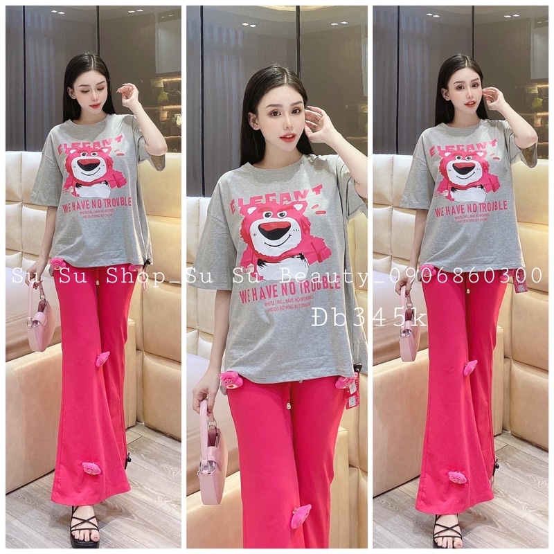 Set áo thun cotton gấu quần ống rộng gân hồng 4 gấu đính ghim G6