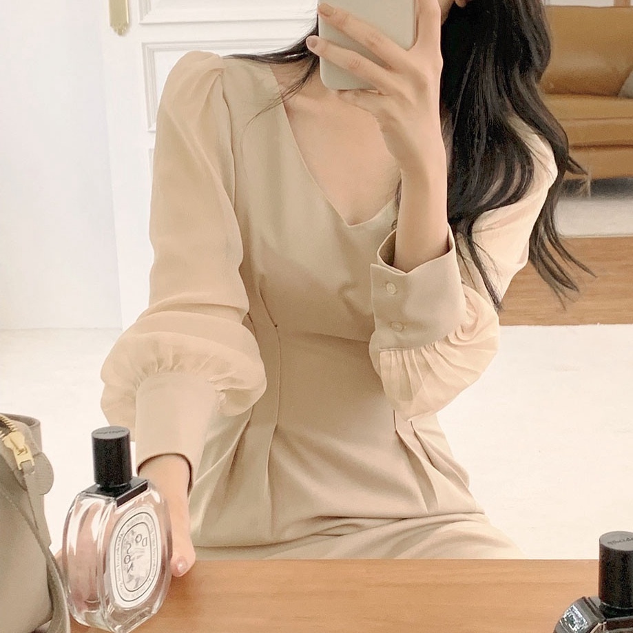 Đầm Dài Tay Cổ Chữ V Thiết Kế Mới Thanh Lịch 45664