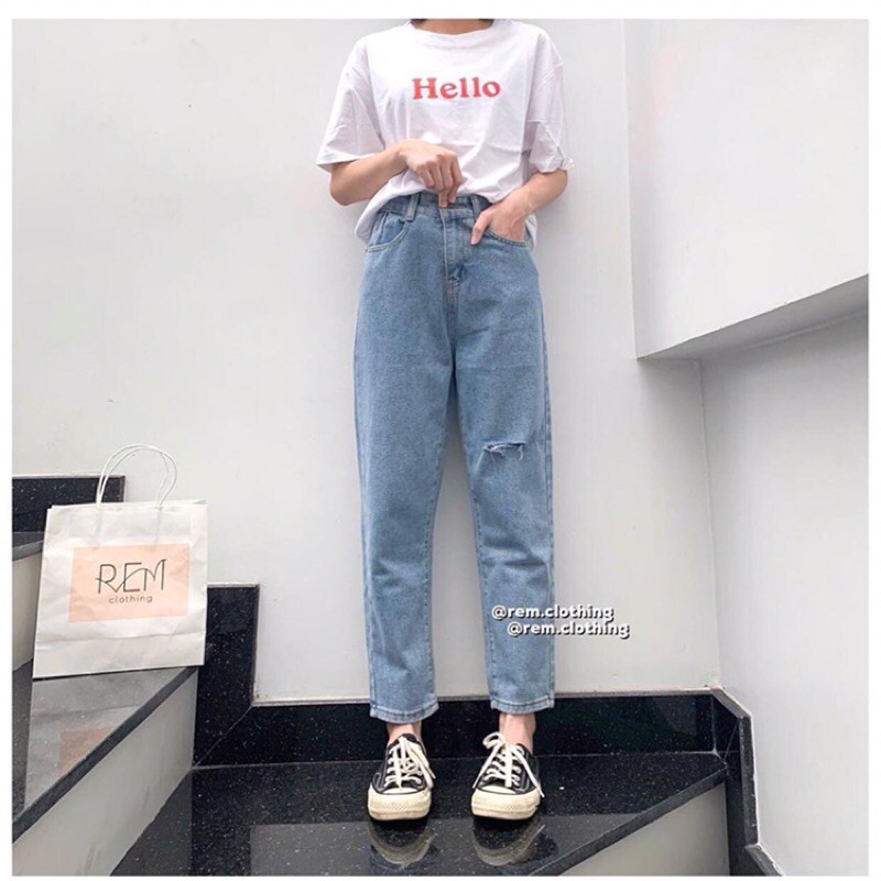 Quần jean suông rách nhẹ ver.4 ống suông slim baggy lưng cao quảng châu kèm ảnh thật