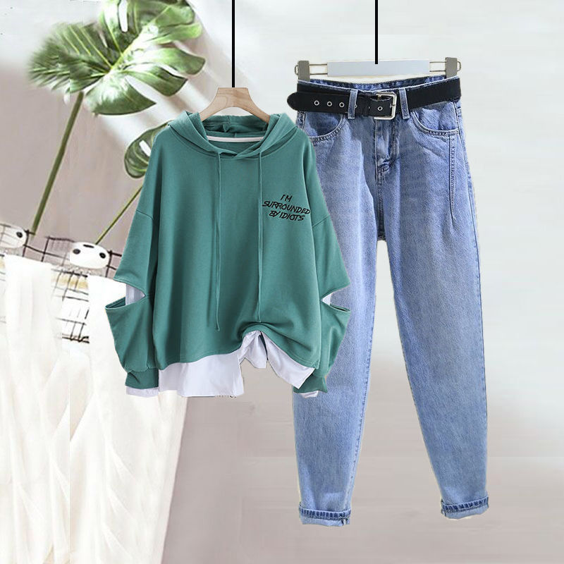 Set Áo Hoodie Dài Tay Giả Hai Lớp Phối Quần Jean Lưng Cao Thời Trang Cho Nữ