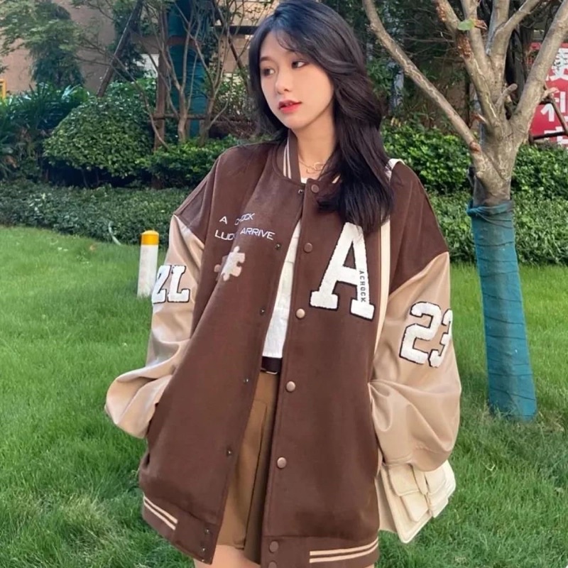 Áo khoác bomber logo thêu xù xếp hình nâu - Jacket Varsity nam nữ chất dạ phối tay da