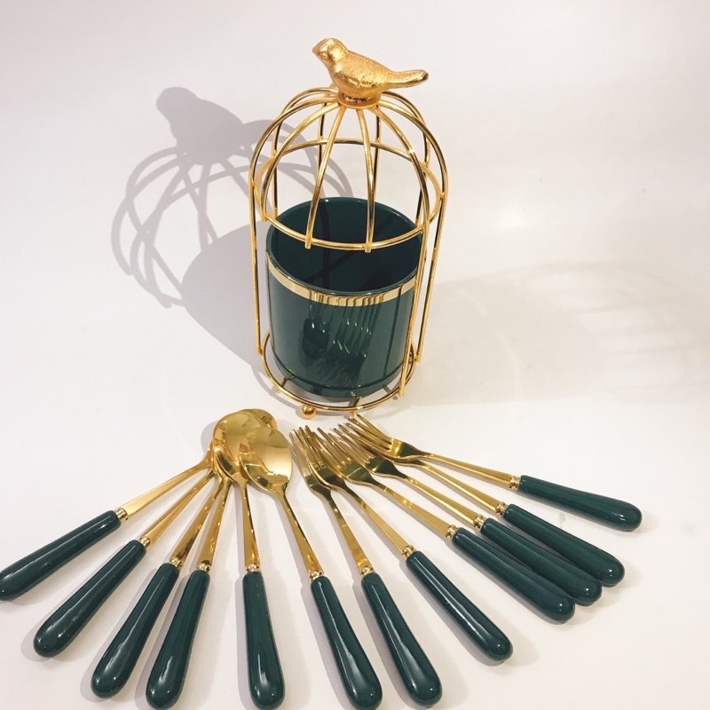 Giỏ đựng muỗng nĩa thìa dĩa hình lồng chim bằng sứ vân đá cẩm thạch mầu xám trang trí Huydecor