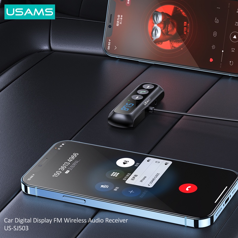 USAMS SJ503 Bộ Thu Âm Thanh Kết Nối Bluetooth 5.0 Thiết Bị Thu Phát Tín Hiệu FM Không Dây Có Màn Hình Hiển Car Receiver