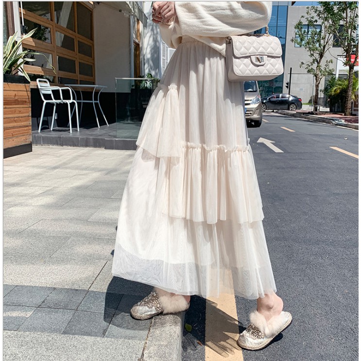 Chân váy dài voan xếp ly màu trắng, đen midi Vintage freesize 79cm 42~62kg, chân váy xếp ly dài công sở | BigBuy360 - bigbuy360.vn