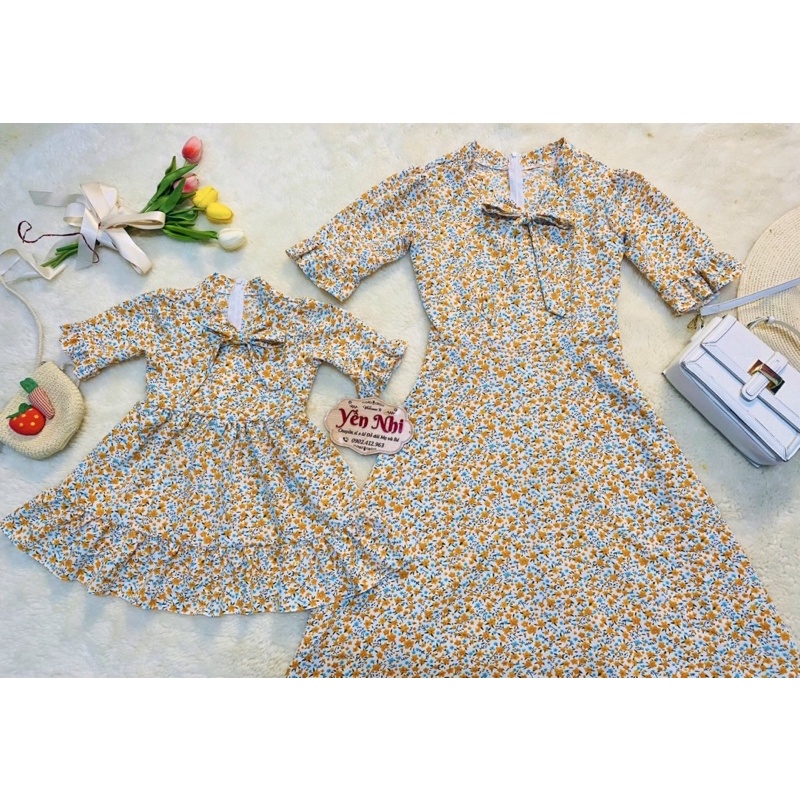 Set đầm đôi Mẹ và bé gái cột nơ cổ tiểu thư