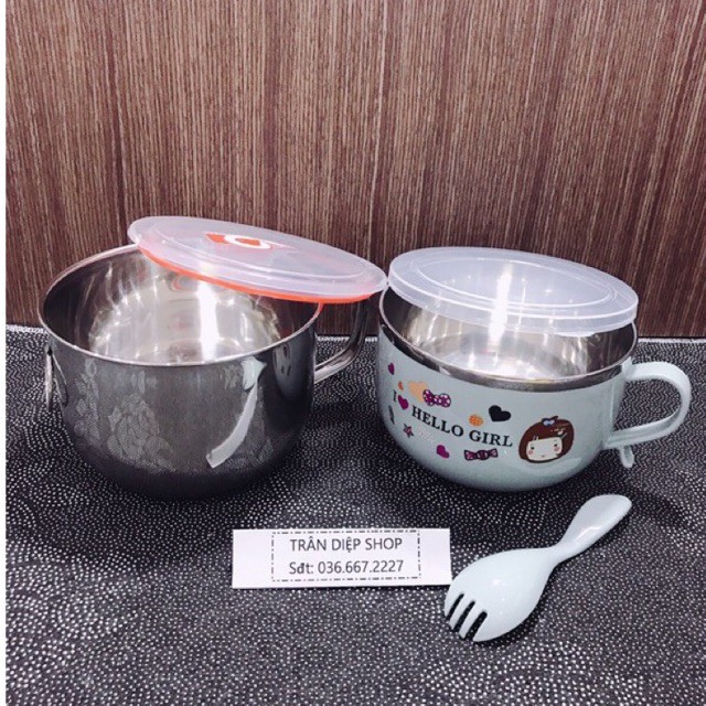 Ca ăn mì inox có nắp kèm muỗng