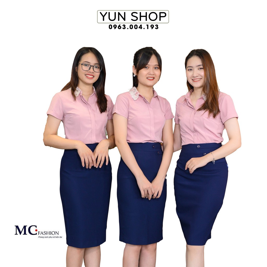 Aó Sơ Mi Nữ, Áo Sơ Mi  Nữ Tay Ngắn Cộc Tay MC Fashion Họa Tiết Cổ Ren Màu Hồng Đỗ A680