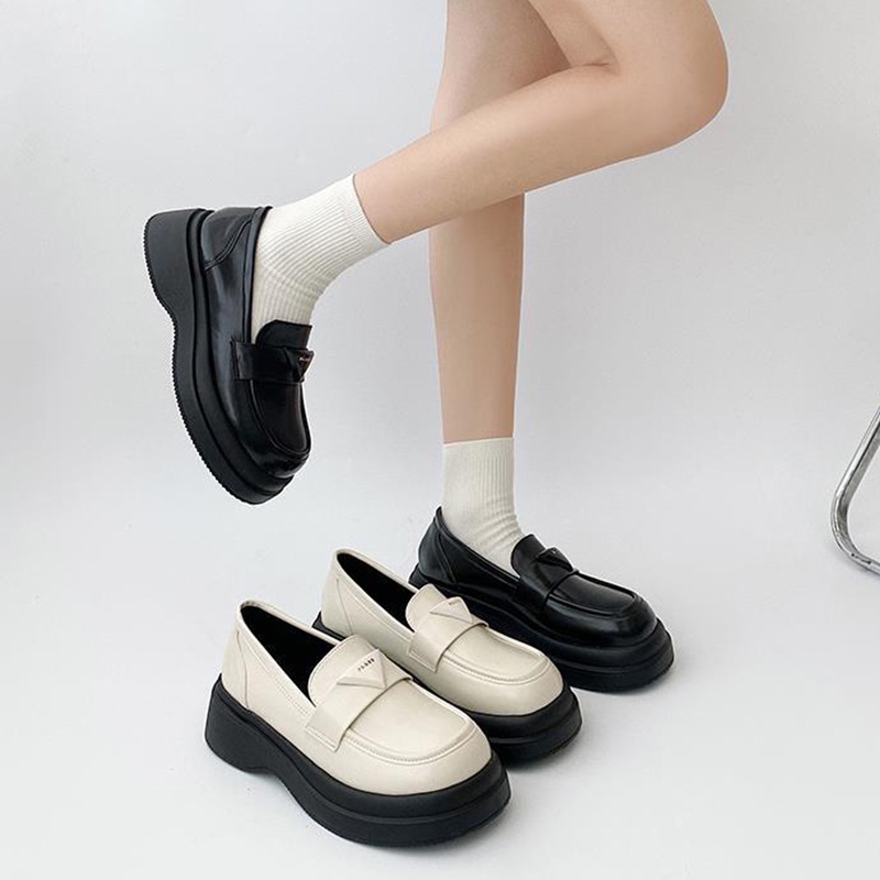 Giày Lười Da Đế Dày Màu Đen Phong Cách Anh Quốc Cổ Điển Thời Trang Cho Nữ Size 35-40