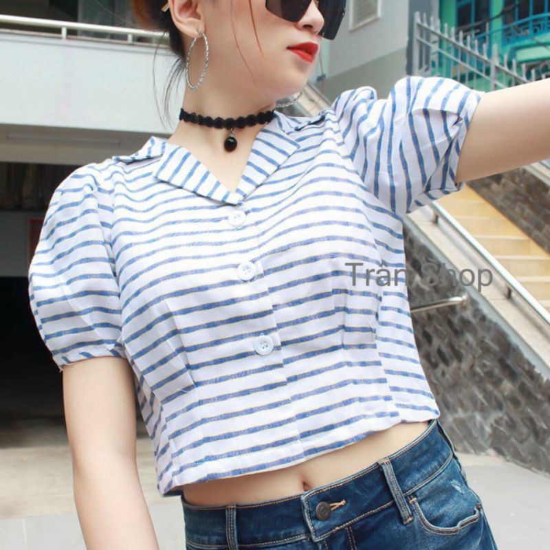 Áo croptop sọc cổ vest