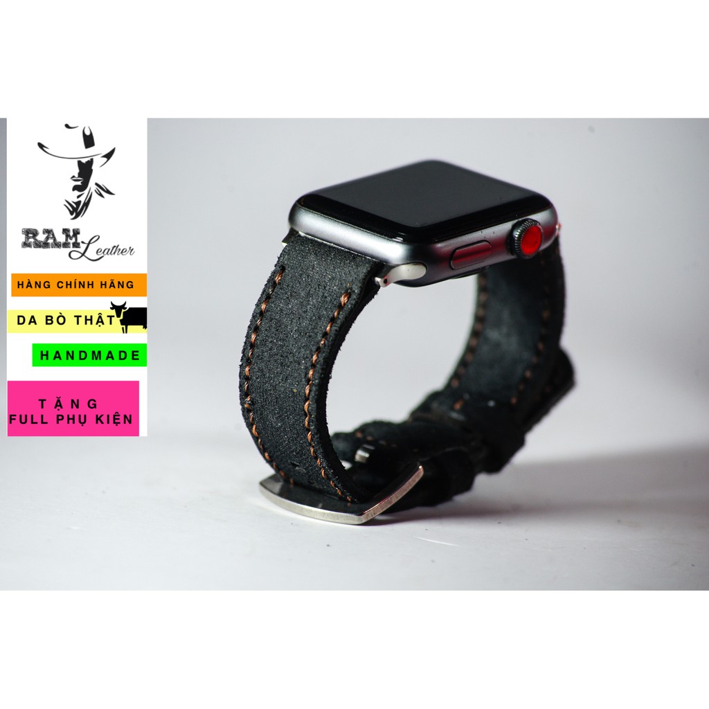 Dây đồng hồ Apple Watch , Iwatch , Iphone Watch Da Bò Thật Đen Tuyền RAM Leather Classic 1966  Bền Đẹp