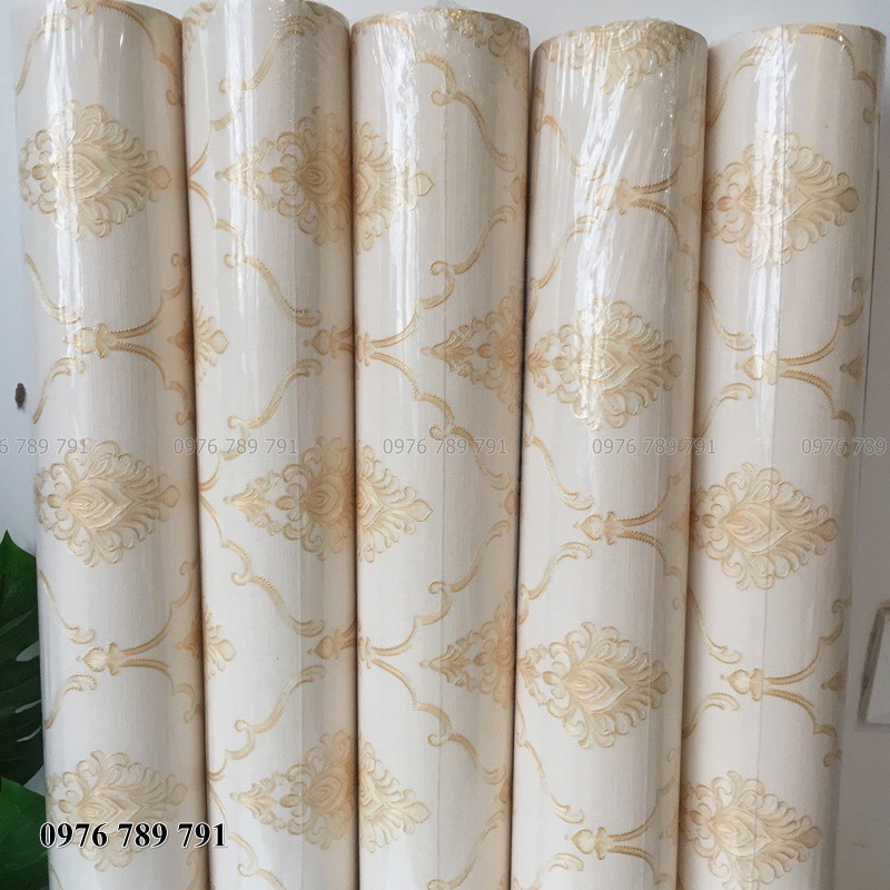 Giấy Dán Tường Hoa Văn Châu Âu 3D Nhỏ Đẹp Cho Phòng Khách, Phòng Ngủ, Lụa Không Keo, Khổ 10m x 53 cm Màu Vàng, Trắng Kem