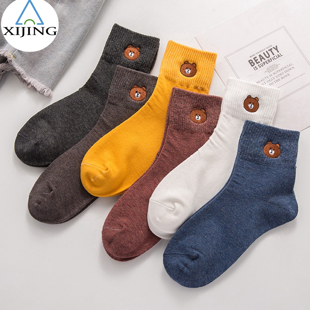 Vớ ống dài thêu hình gấu hoạt hình thời trang bằng vải cotton thoáng khí dành cho bạn nữ