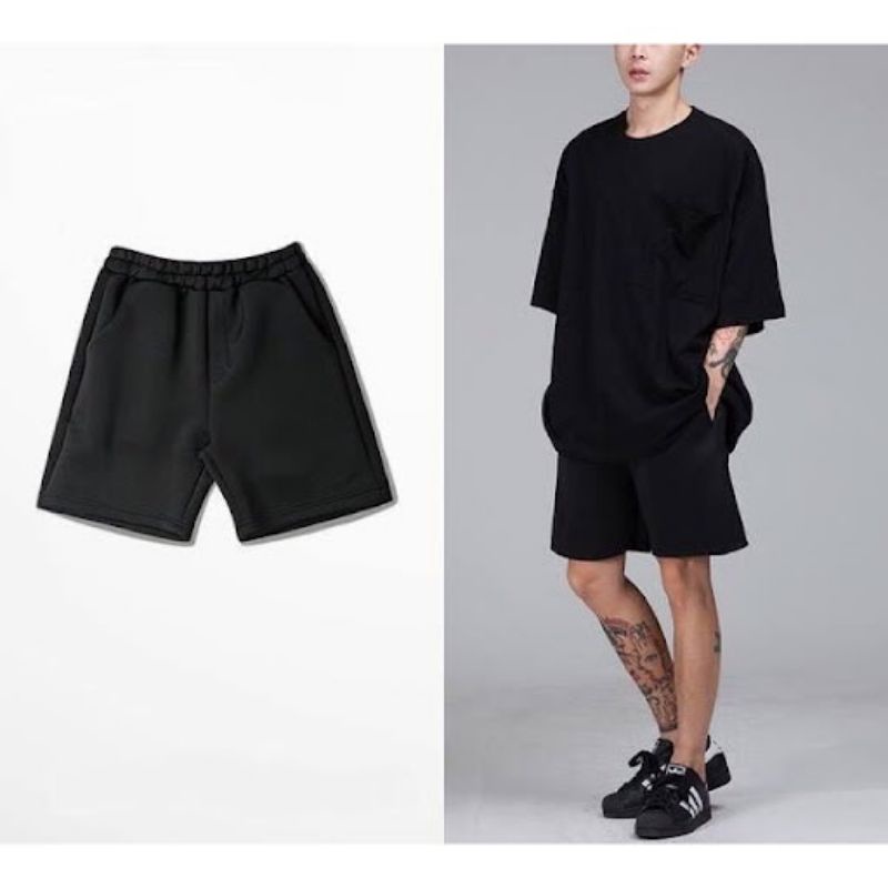 Có bigsize - Quần short unisex đen ống rộng túi có khóa kéo - tron