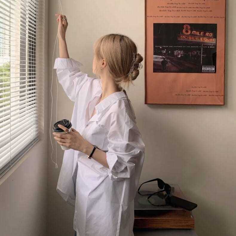 Áo Sơ Mi Dáng Rộng Thiết Kế Lưng Và Phía Trước Phong Cách Hàn Quốc Cho Nữ