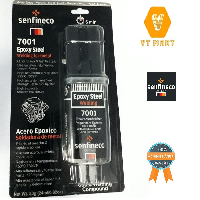 Keo dán kim loại 2 thành phần Epoxy Steel Senfineco 7001 25g Dán được nhôm, đồng thau, đồng, sắt, thiếc, chì và các hợp.