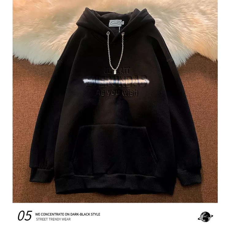 Áo hoodie dáng rộng lót nhung in chữ phối dây xích thời trang thích hợp cho nữ