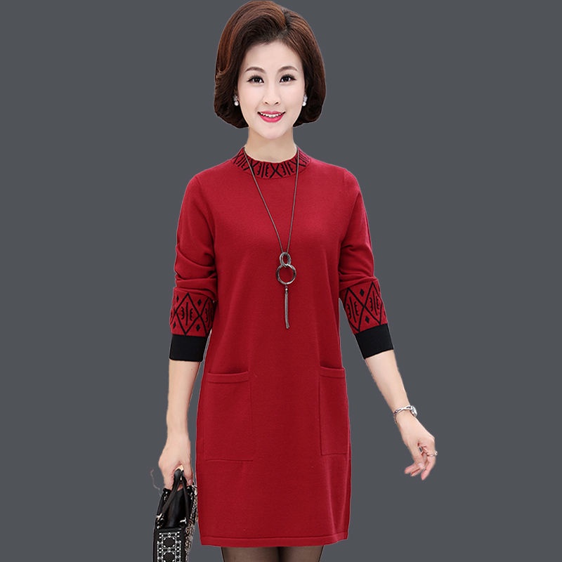 Áo len dài giữa đáy áo sơ mi phụ nữ trung niên và cao tuổi cộng với nhung dày nửa cổ cao váy dệt kim