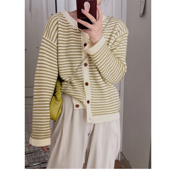 Áo len cardigan NZN tay dài cổ tròn họa tiết kẻ sọc phong cách Hàn Quốc thời trang mùa thu cho nữ