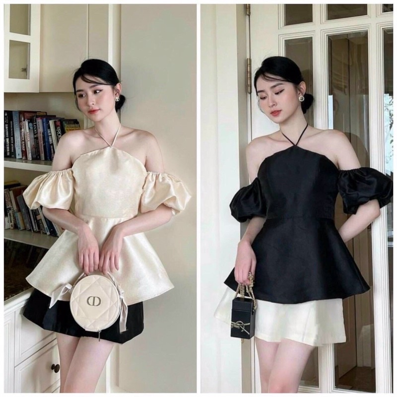 Set Áo Cổ Yếm Rớt Vai Tay Phồng Và Chân Váy Xoè Tiểu Thư Sang Chảnh