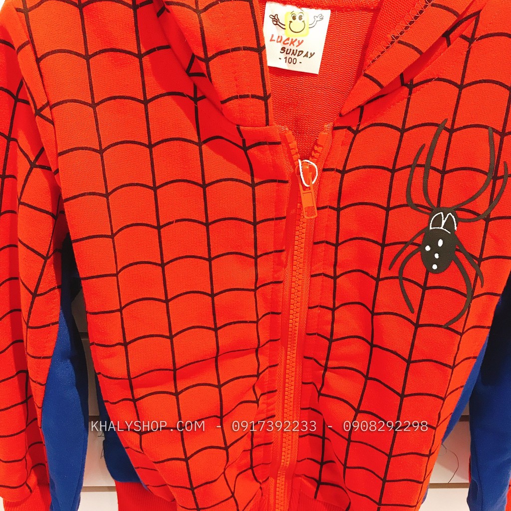 Áo khoác nón và dây kéo hình nhện Spiderman màu đỏ size số 100 cho bé trai 3,4 tuổi - AKSPMD100