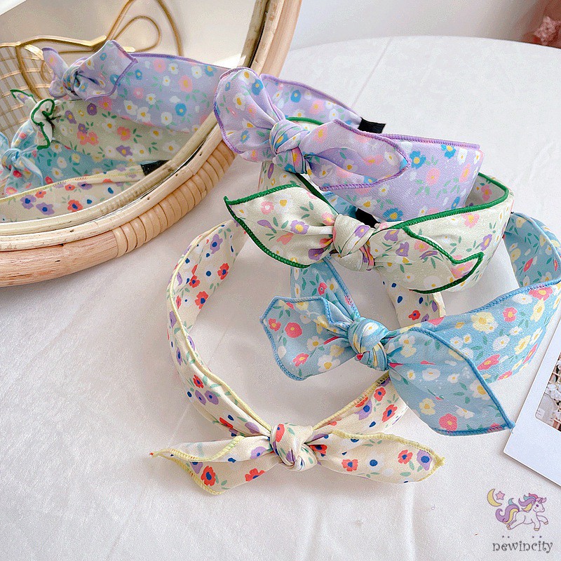 Băng Đô Cài Tóc Đính Nơ In Hoa Phong Cách Hàn Quốc Cho Bé Gái