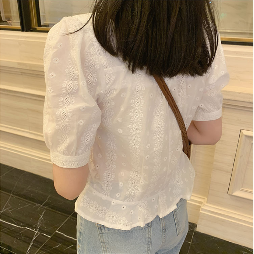 SUXI Áo cổ vuông tay ngắn họa tiết thêu hoa phong cách Hàn Quốc trẻ trung cho nữ