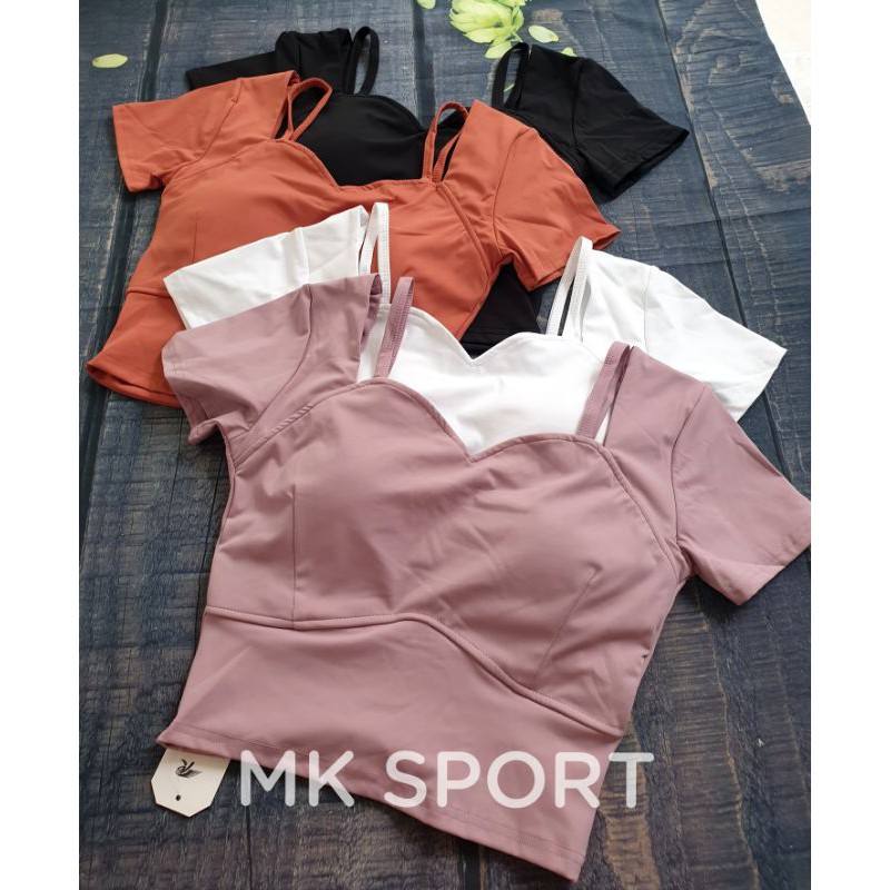Áo Croptop tập gym ngắn tay 015 dây vai KMA có đệm ngực hàng nhập cao cấp