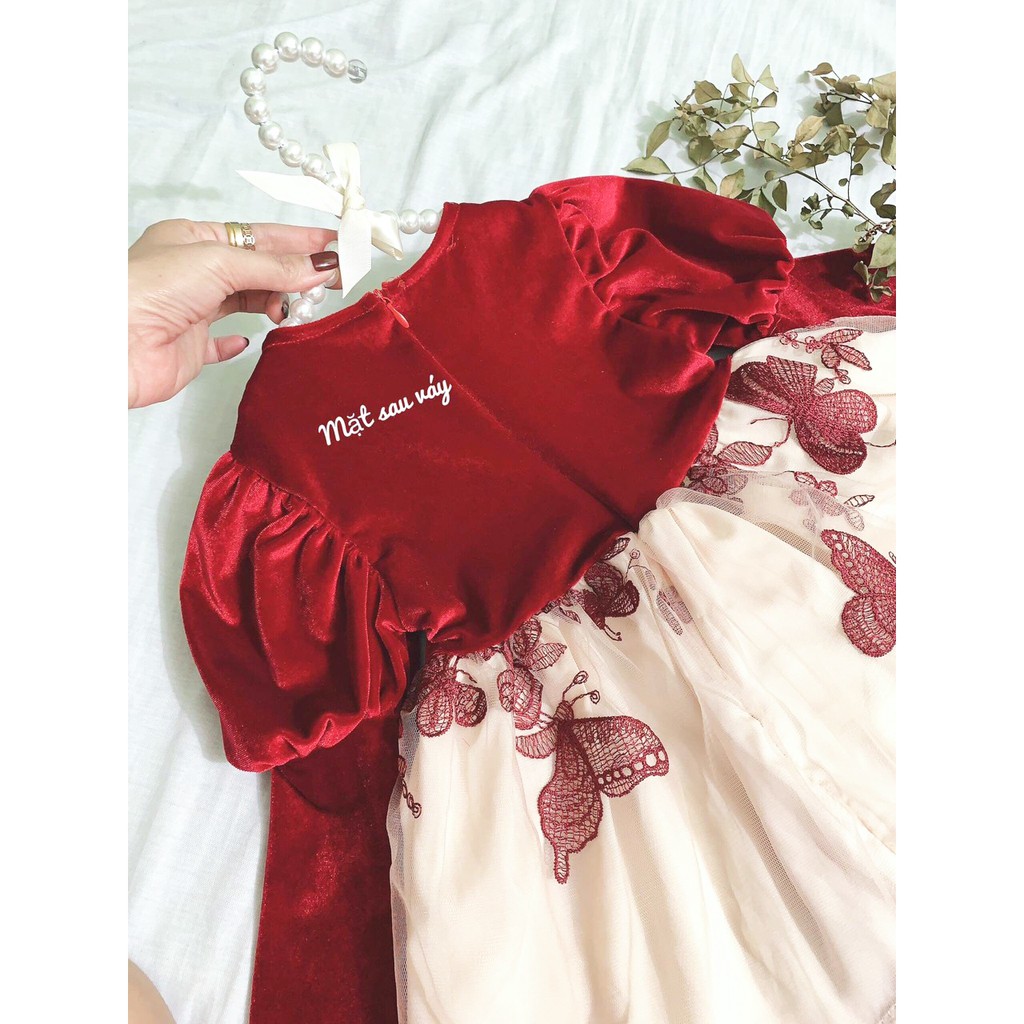[HOT] Váy Công Chúa Nhung Đỏ Họa Tiết Thêu Bướm Diện Giáng Sinh Noel Cho Bé Gái 8-20kg