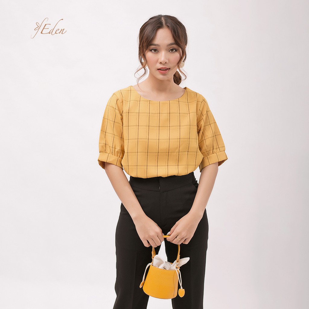 [Mã WABRM4  giảm 15% tối đa 50k đơn 150k] Áo Kiểu Nữ Công Sở Thời Trang Eden Caro Phom Rộng Phối Nút - Asm063