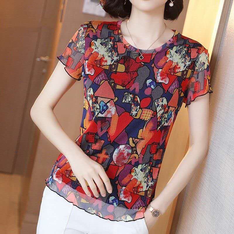 Áo Thun Dệt Kim Tay Ngắn Cổ Tròn Phối Ren Lưới Co Giãn Thời Trang Mùa Hè Cho Nữ Size L-5Xl 2 Kiểu