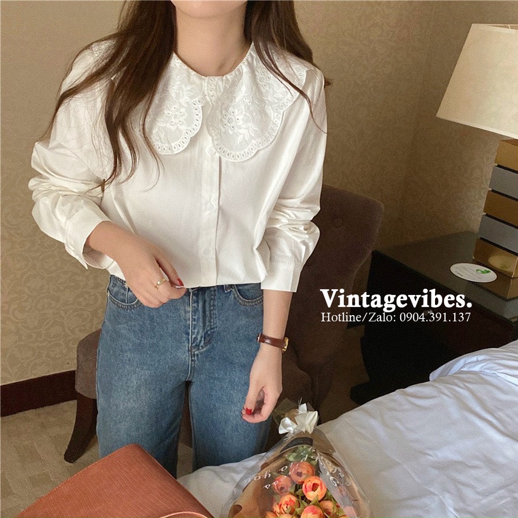 Áo sơ mi kiểu nữ Ulzzang, Áo sơ mi cổ bèo thêu hoa tiểu thư xinh xắn