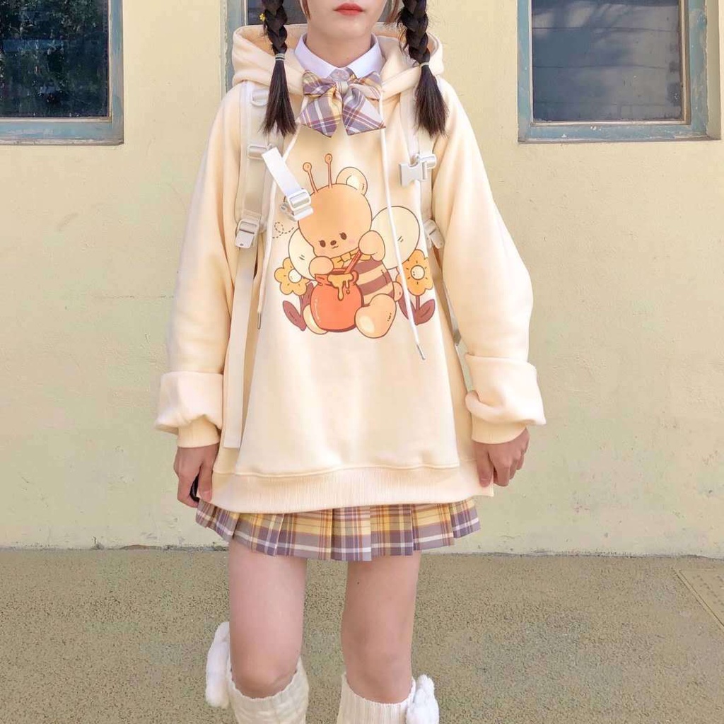Áo Hoodie Form Rộng In Họa Tiết Gấu Dễ Thương Phong Cách Nhật Bản Cho Nữ Sinh