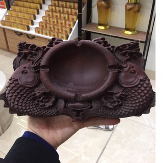Gạt Tàn Gỗ Hương Nguyên Khối Chạm Cá Chép Siêu Dầy( hình ảnh thật).