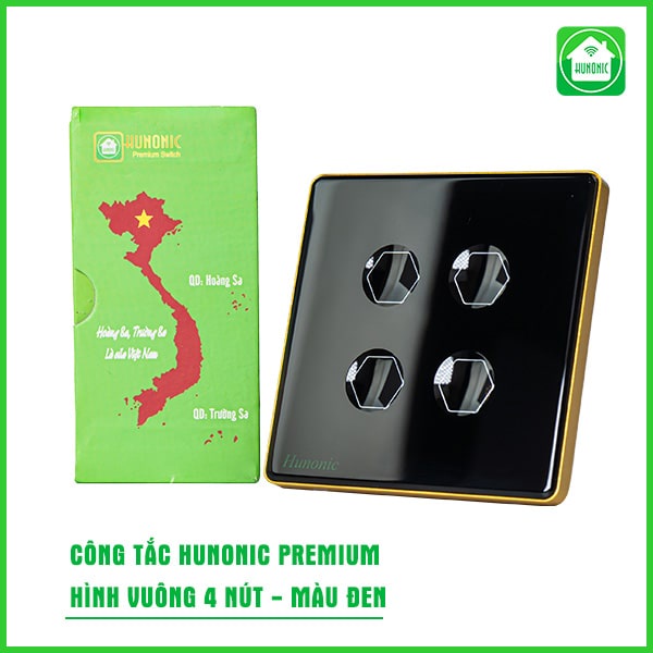 Công Tắc Cảm Ứng Hunonic Premium Hình Vuông Viền Vàng, Công Tắc Thông Minh Wifi Điều Khiển Từ Xa Bằng Điện Thoại