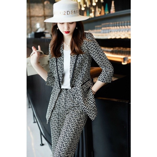 HT-set bộ vest 3 món quần tây hoạ tiết đen trắng kaki size 45-67kg