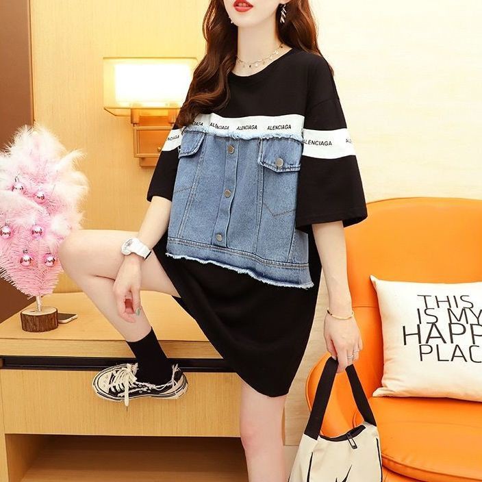 Stylish denim patchwork short-sleeved T-shirt women's summer new design sense loose all-matching graceful plus size top