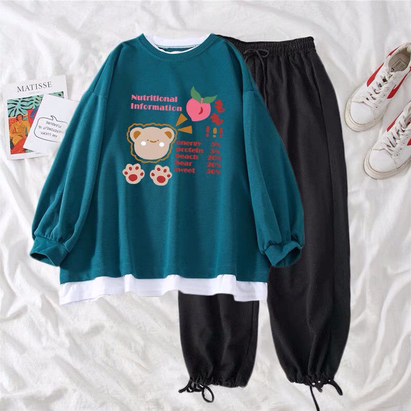 Sét bộ áo nỉ bo gấu trắng in Gấu + quần bom chun , Áo nỉ Unisex from rộng, thiết kế phong cách Hàn quốc - MODY