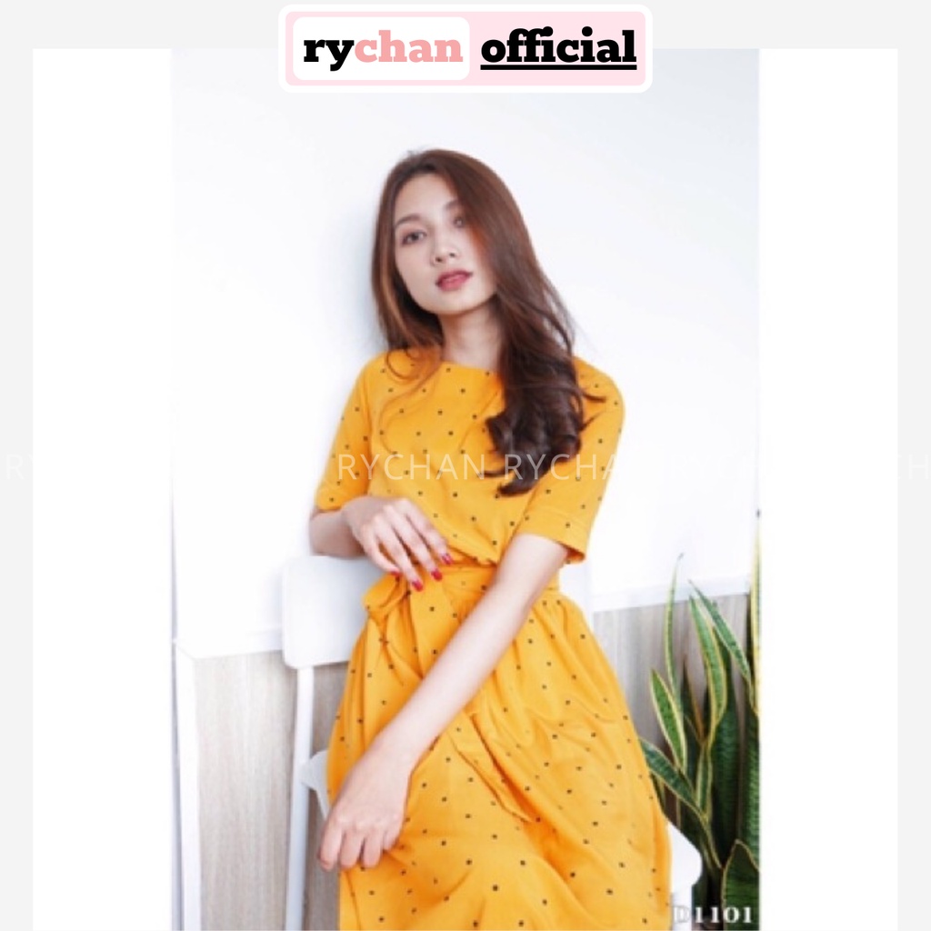 Đầm Nữ Dự Tiệc Trà Họa Tiết Chấm Bi Cổ Tròn Bo Eo Trẻ Trung Thanh Lịch Màu Vàng [ẢNH THẬT CUỐI] - DX9948