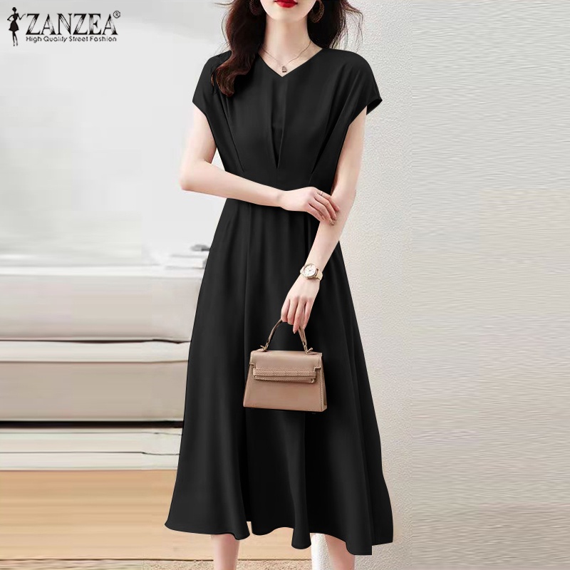 Đầm ZANZEA dáng dài tay ngắn cổ chữ V màu trơn thời trang cho nữ