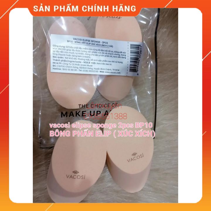 VACOSI ELIPSE SPONGE 2PCS BP10_Bông phấn elip (xúc xích)  bịch 2 cái ,bông phấn mềm mịn, dễ tán ,siêu tiện lợi