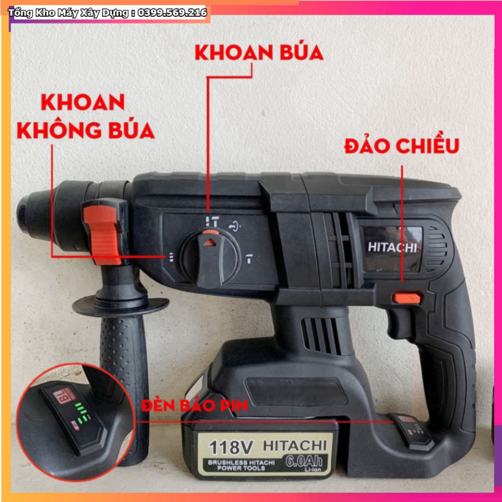HOT ƯU ĐÃI BẢO HÀNH 12 THÁNG Máy Khoan Đục Bê Tông HITACHI 118V 3 Chức Năng, 2 PIN, Không Chổi Than  HỖ TRỢ B