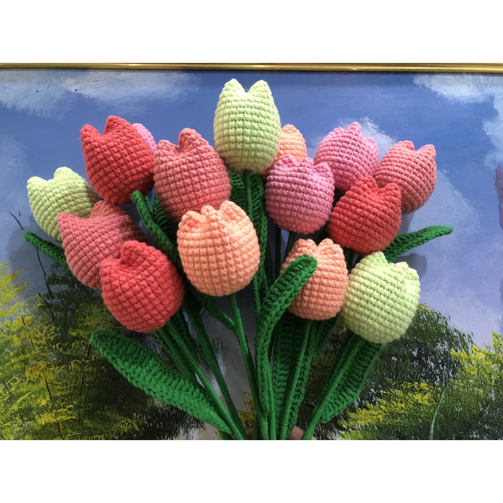 [hoa len] Hoa Tulip móc bằng len milk cotton 125g - Hoa Len Hanmade