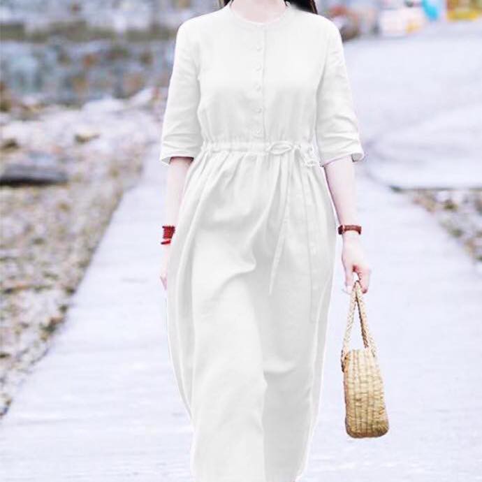Đầm Linen rút eo, cổ tròn tôn dáng