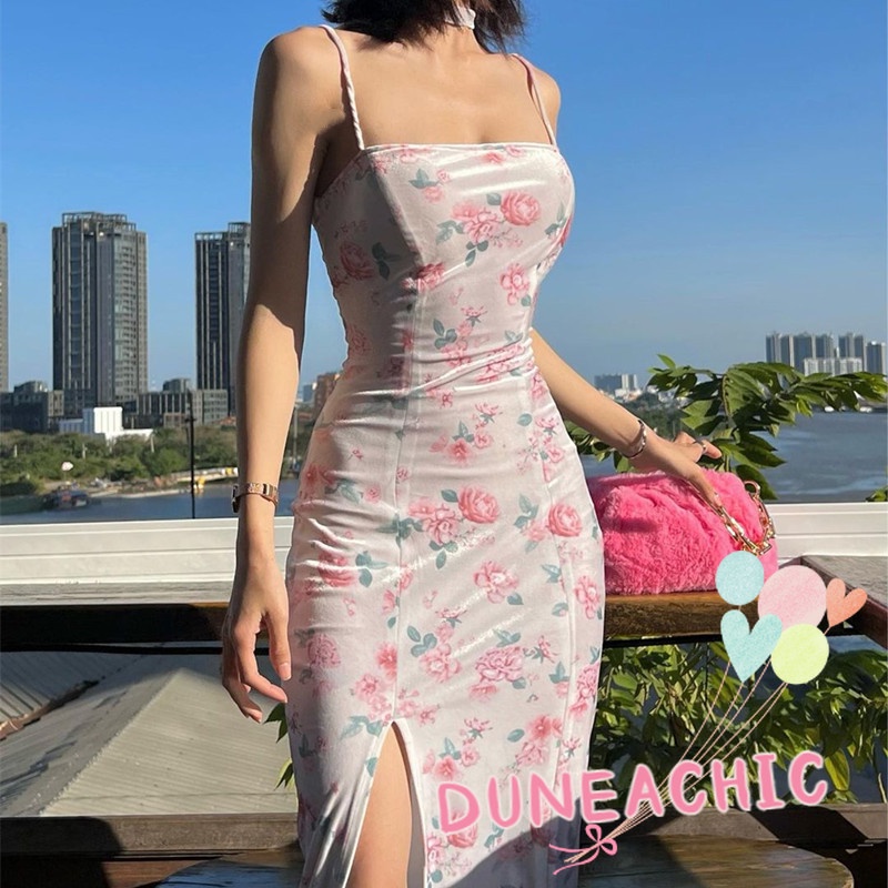 DUNEA Đầm Hai Dây Hở Lưng Họa Tiết Hoa Xinh Xắn Cho Nữ