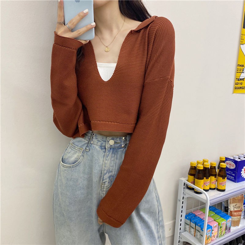 Croptop knit long sleeve V-neck, Korean version | BigBuy360 - bigbuy360.vn