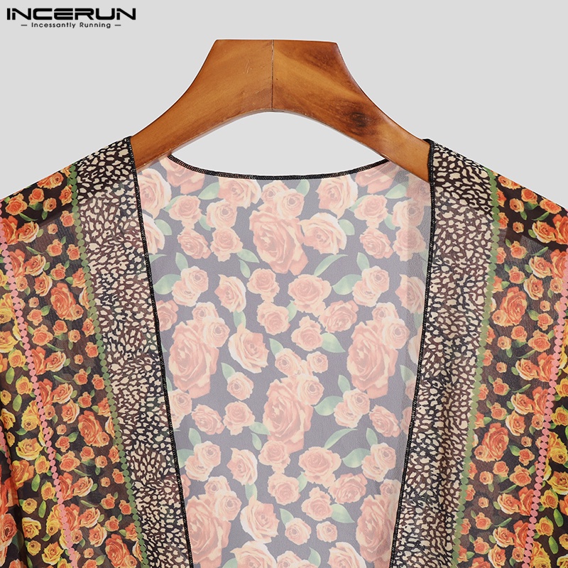 INCERUN Áo Khoác Lưới Cardigan Tay 3 / 4 In Họa Tiết Hoa Phong Cách Cổ Điển Thời Trang Cho Nam