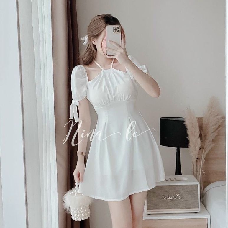 Đầm nữ dự tiệc tay búp kiểu dáng xòe trơn công chúa, dịu dàng, duyên dáng thời trang nữ