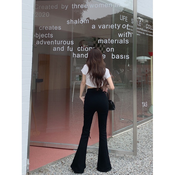 Quần Dài Lưng Cao Màu Đen Thiết Kế Xẻ Rách Cá Tính