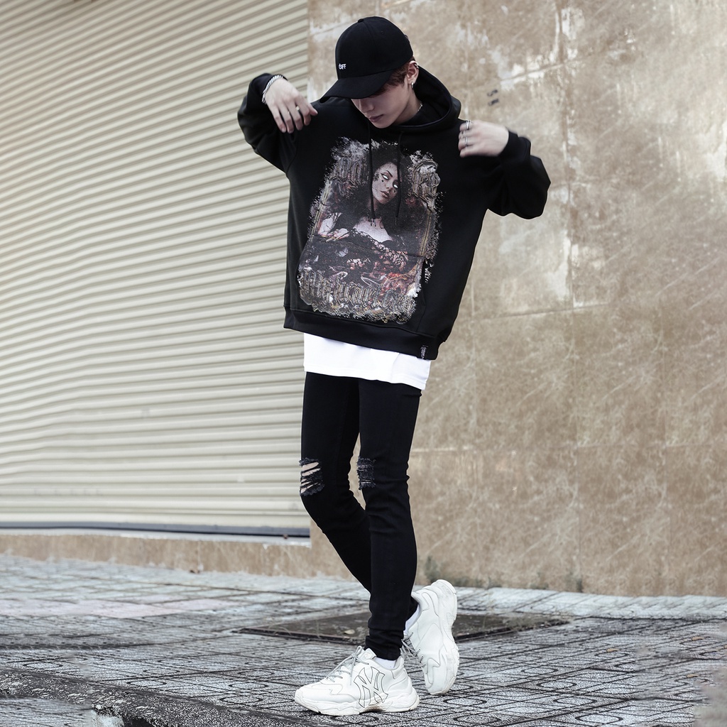 Áo Hoodie Black Widow Màu Đen Trơn Unisex Chất Liệu Nỉ Bông Cotton Dày Dặn Form Rộng Thoải Mái Phong Cách Đơn Giản